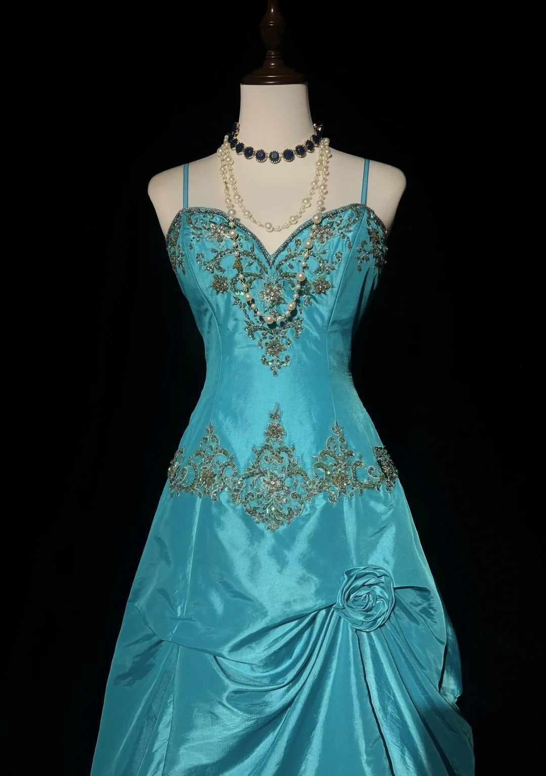 Robes de bal vintage esthétique Années 80 Rétro Robe de bal Bretelles fines Taffetas bleu Longueur ras du sol Tenues de soirée N2329