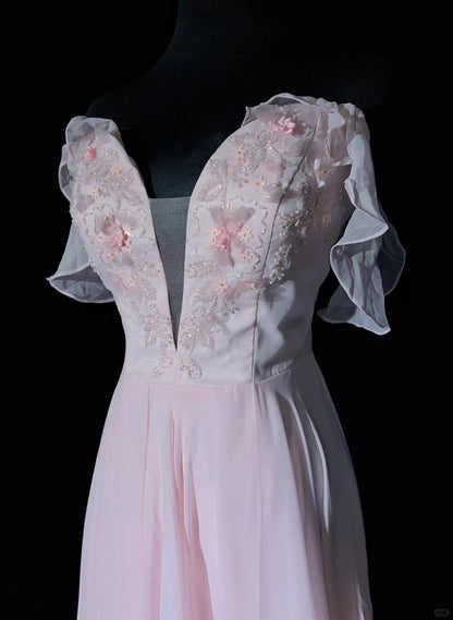 Vintage Ballkleider 80er A-Linie Sweetheart Rosa Chiffon mit Perlen Verzierungen Halboffizielle Abendgarderobe N3630