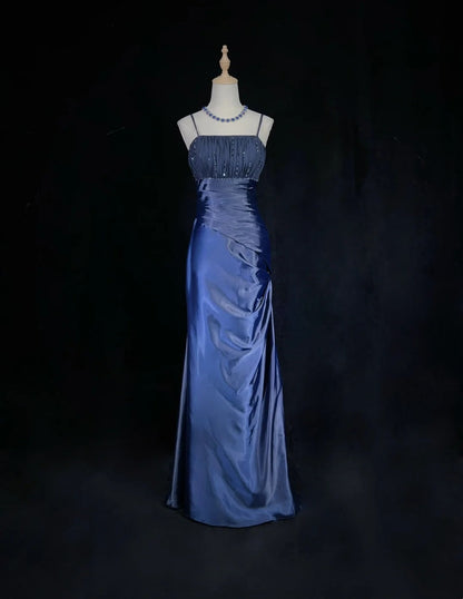 Elegant Prom Dresses Mermaid Spaghetti Strap Navy Blue With Cape Sleeveless Long Formal Gown N2880
