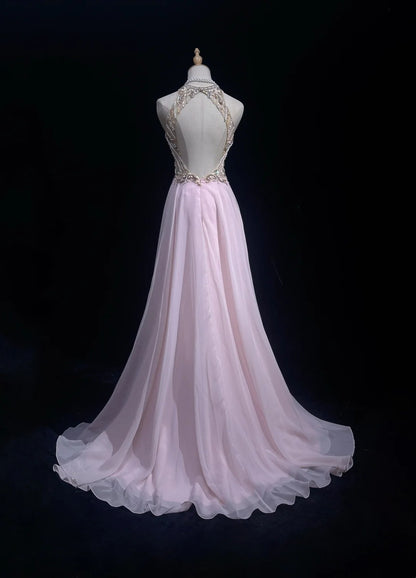 Robes Vintage Esthétique Bal de Promo Trapèze Bijoux Perles Rose Chiffon avec Perles Longue Robe de Soirée N3033