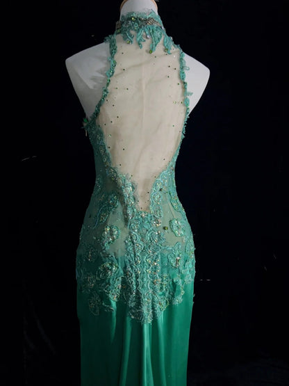 Robes de bal vintage des années 90 sirène col montant en satin vert avec applique, fente longue, tenues de soirée semi-formelles N3662