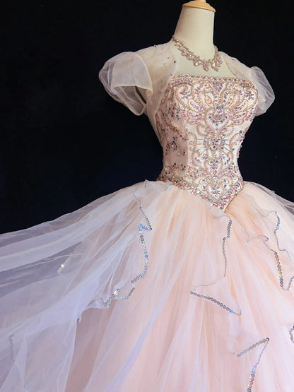 Robe de bal bustier manches courtes rose à paillettes longue robe de soirée d'anniversaire de bal avec veste N2861