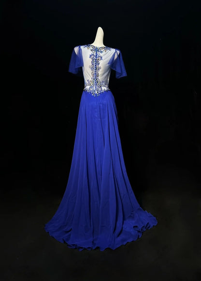 Vintage Prom Dresses 1960s A line Scoop Royal Blue Chiffon With Beaded Sleeves Evening Formal Outfits RB5138