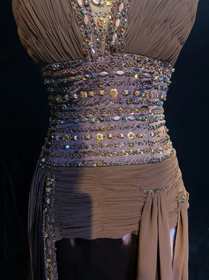 Robes de bal vintage sirène en mousseline de soie chocolat col en V avec perles longue robe de soirée N2453