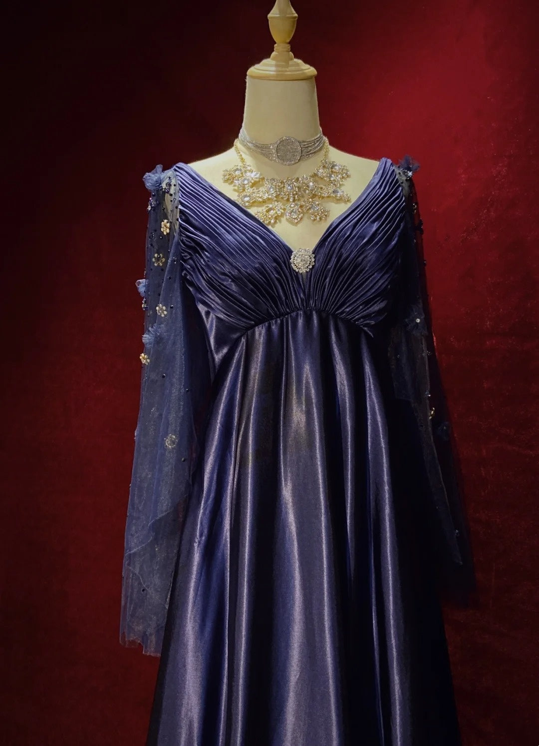 Robes de bal vintage, inspiration ligne A, empire, col en V, satin bleu marine années 90 avec manches, robes de soirée N3314