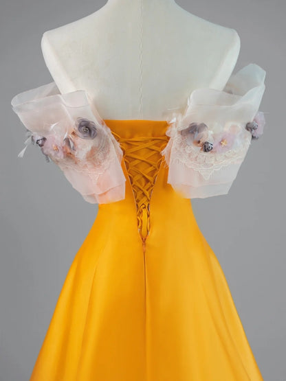 Modest A line Off The Shoulder Orange Appliqued Lace Satin Long Prom Dresses Night Formal Dresses N682