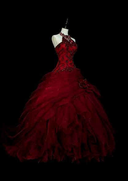 Robe de bal vintage dos nu en tulle bordeaux, robe de quinceañera longue, taille 15, Vestidos De Fiesta N1480