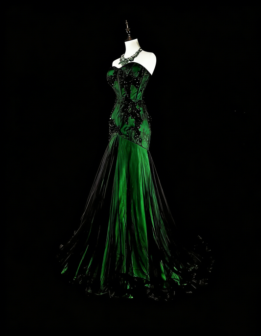 Modest Mermaid Sweetheart Black Tulle Green Satin With Appliques Long Prom Gown Party Wear Dresses N1848