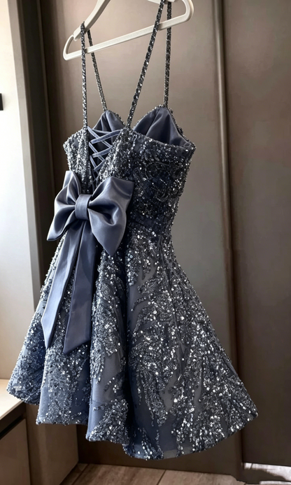 Robe de bal élégante à bretelles fines bleu poudré à paillettes courte mini lycéenne épater inspo robe de remise des diplômes robes de bal RB3322