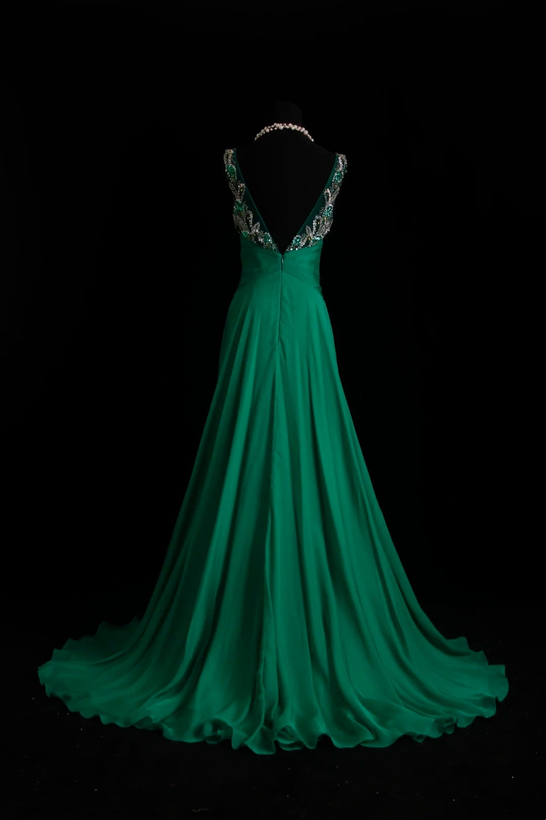 Vintage Prom Dresses 80s A Line Scoop Dark Green Chiffon Long With Silver Beading Evening Formal Outfits RB5132