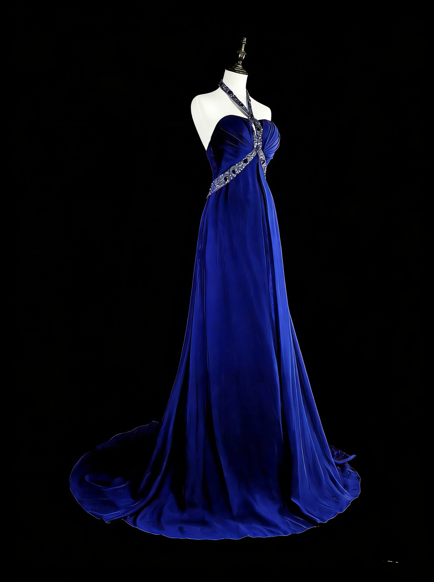 Vintage A-Linien-Abendkleid aus königsblauem Chiffon im Stil der 90er Jahre, formelles Geburtstagskleid, langes Ballkleid N1751