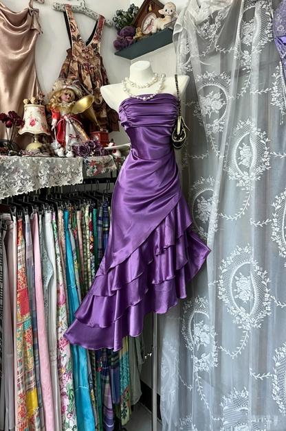 Vintage Meerjungfrau Trägerlos Champagner Satin Mittellang Abschlussfeier Geburtstag Outfits Homecoming Kleider N3740
