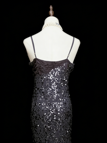 Robe de soirée sirène vintage à fines bretelles, style années 80, 70, 90, sequins gris argenté, longue, idéale pour les bals de fin d'année ou les remises de diplômes (N1145)