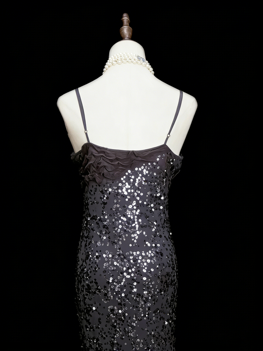Robe de soirée sirène vintage à fines bretelles, style années 80, 70, 90, sequins gris argenté, longue, idéale pour les bals de fin d'année ou les remises de diplômes (N1145)