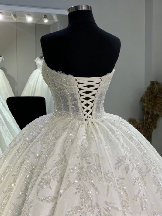 Unique Ball Gown Sweetheart Tulle Lace Appliques Wedding Dress Fairytale Long Wedding Dresses RB2864