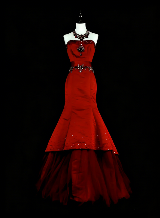 Vintage Prom Dresses Mermaid Red Strapless With Beading 1970s Long Formal Gown N2699
