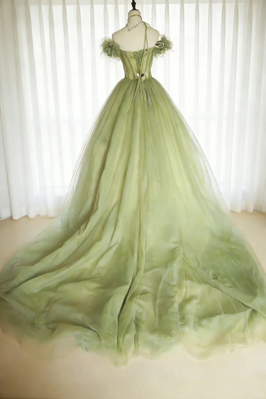 Modest Prom Dresses Ball Gown Off The Shoulder Sage Green Tulle With Sleeves Long Quince Dress N2968