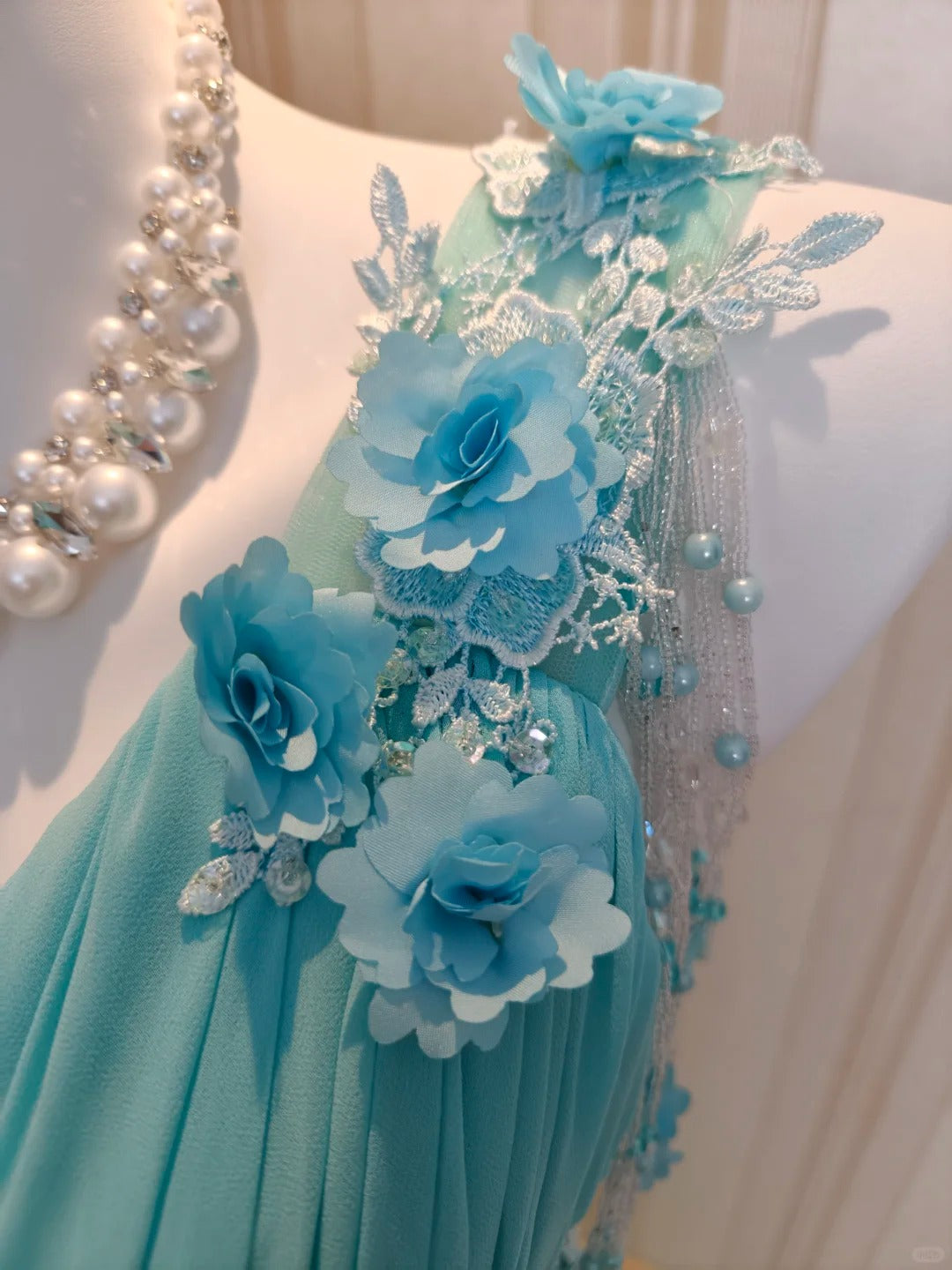 Vintage Ballkleider A-Linie One Shoulder Blau Chiffon 80er Jahre Mit Blumen Lange Formelle Abendgarderobe N4217