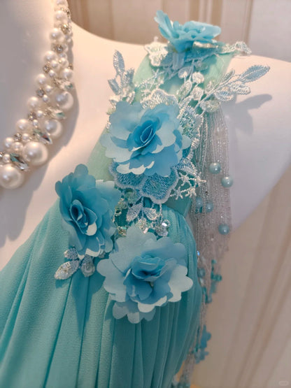 Vintage Ballkleider A-Linie One Shoulder Blau Chiffon 80er Jahre Mit Blumen Lange Formelle Abendgarderobe N4217