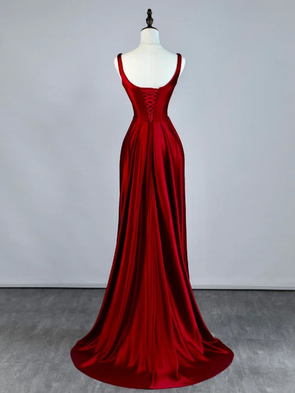 Atemberaubendes, langes Meerjungfrauen-Abendkleid aus burgunderrotem Satin mit eckigem Ausschnitt – Inspiration für Prinzessinnen-Abschlusskleider N1086