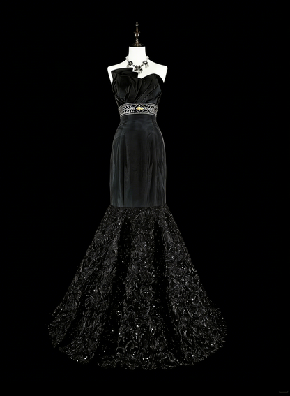 Robe de Bal Vintage Esthétique Sirène Rétro Années 70 en Satin Noir Robe Longue de Soirée N2151
