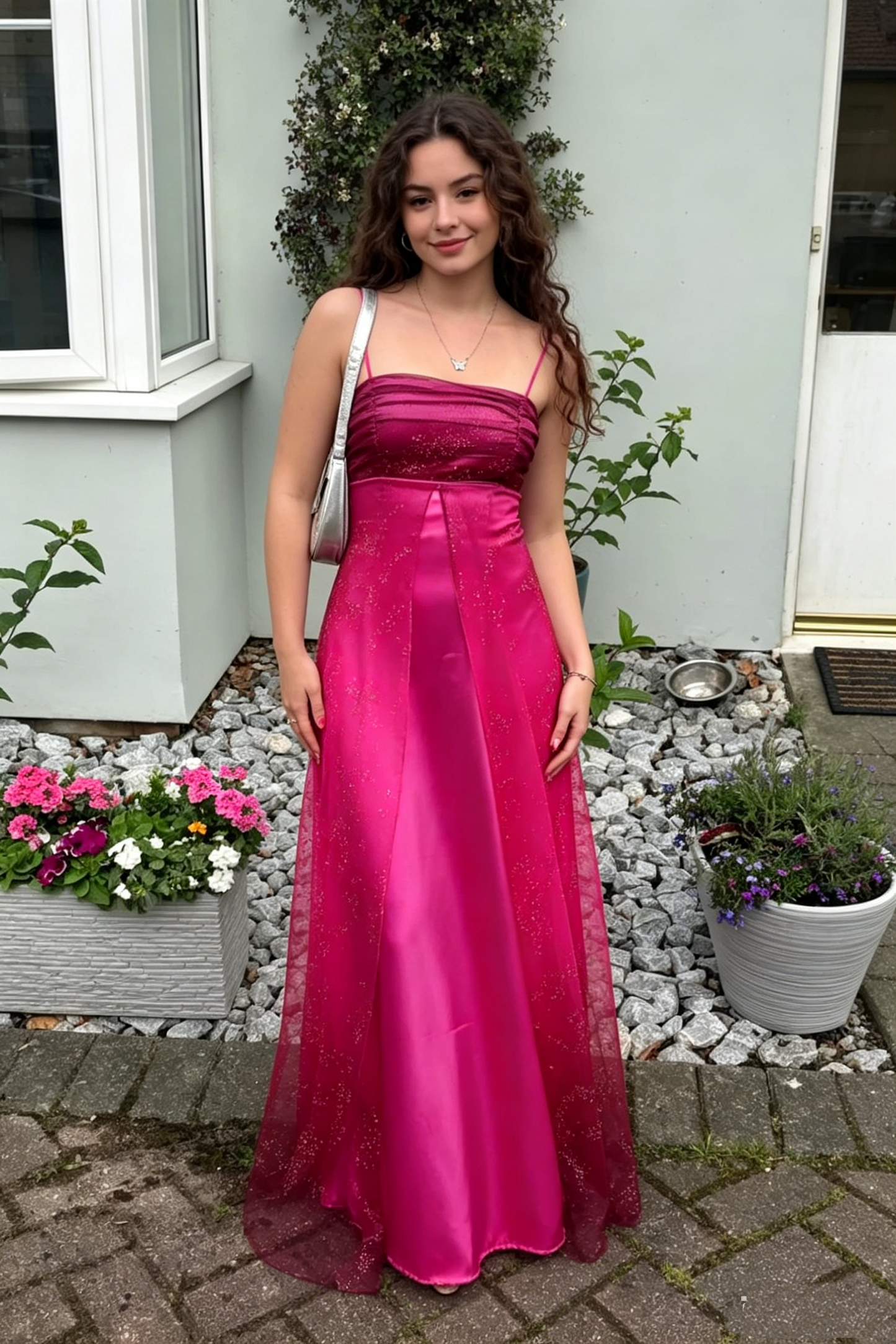 Robes de bal longues rose vif sans manches à fines bretelles et ligne A vintage pour femmes N4189