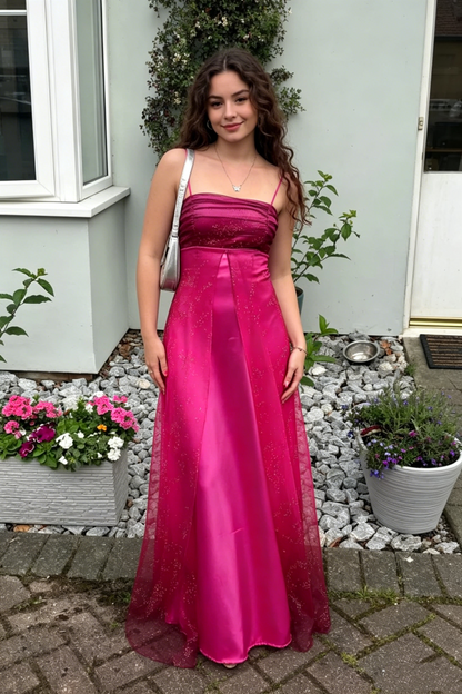 Robes de bal longues rose vif sans manches à fines bretelles et ligne A vintage pour femmes N4189