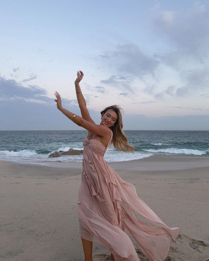 Niedliches, rückenfreies, langes Sommerkleid mit A-Linien-Ausschnitt, Schal, geeignet für Strand, Ball und Hochzeiten im Frühling (N1404)