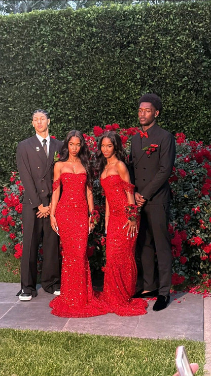 Gorgeous Mermaid Off The Shoulder Red Sequins Beaded Bodice Prom Dresses Long Formal Party Gown AB371