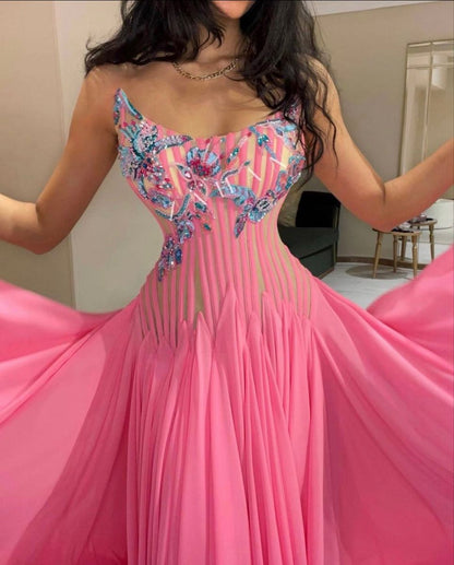 Robe de soirée en mousseline rose bustier coupe trapèze taille basse sexy pour femme AB2550