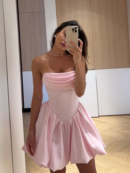 Simple Ball Gown Strapless Pink Sleeveless Mini Senior Inspo Short Homecoming Dresses N4739