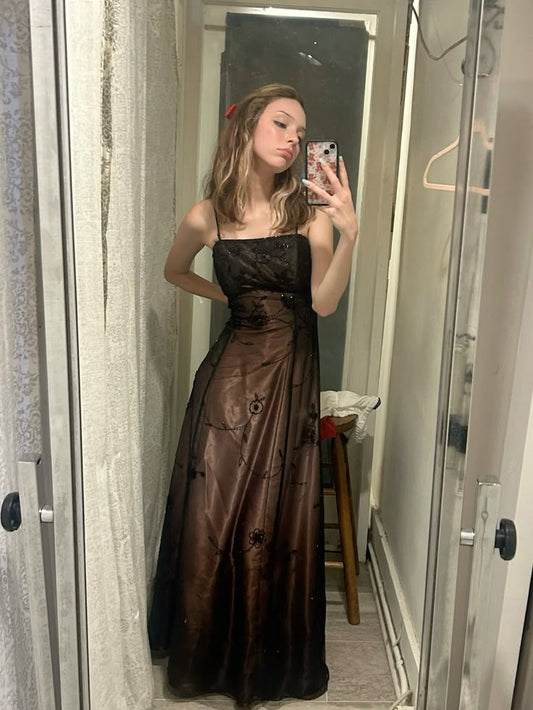 Vintage Prom Dresses A Line Spaghetti Strap 90s Sleeveless Brown Long Evening Formal Dress RB3020