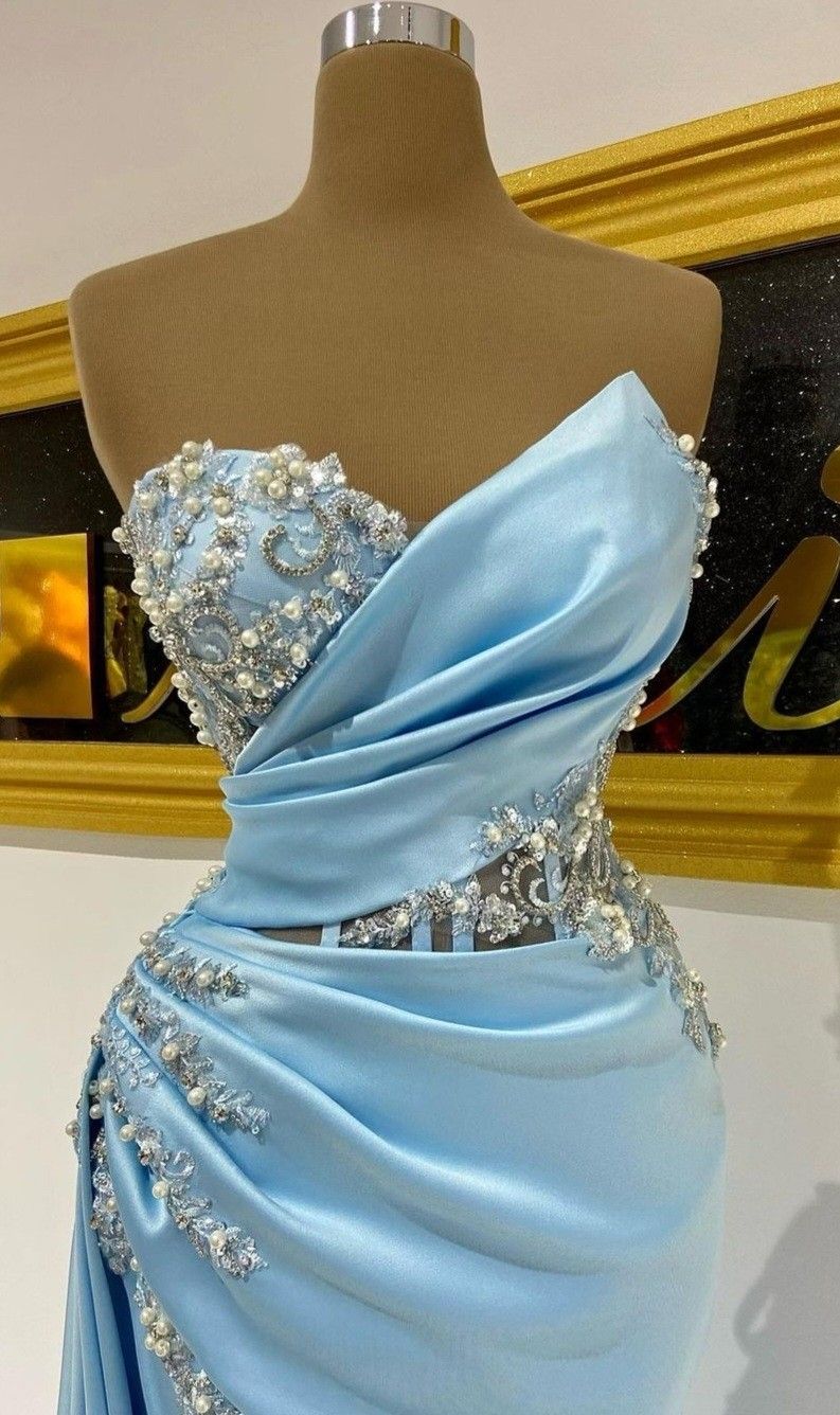 Robe de soirée sirène moulante fendue bleue bustier sans manches à paillettes sexy pour femmes N4064