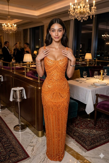 Robes de bal de rêve orange à paillettes, bretelles spaghetti, sans manches, sirène fourreau avec perles précieuses pour femmes N4052