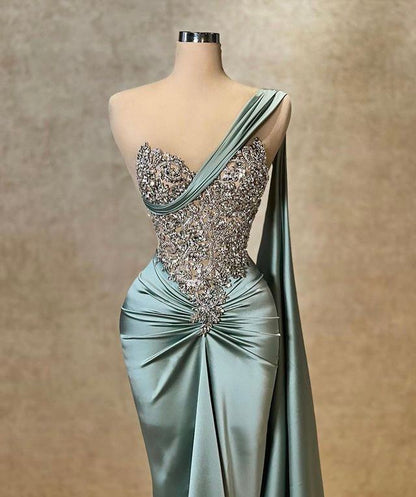 Robe Longue Sexy Brillante Épaule Unique Sans Manches Robes de Bal Bleues Sirène Moulante Pour Femmes N4065