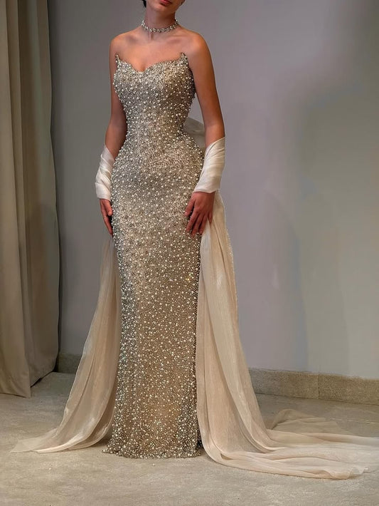 Dreamy Sweetheart Sleeveless Champagne Prom Dresses Mermaid Sheath With Scarf Beading For Women N4056
