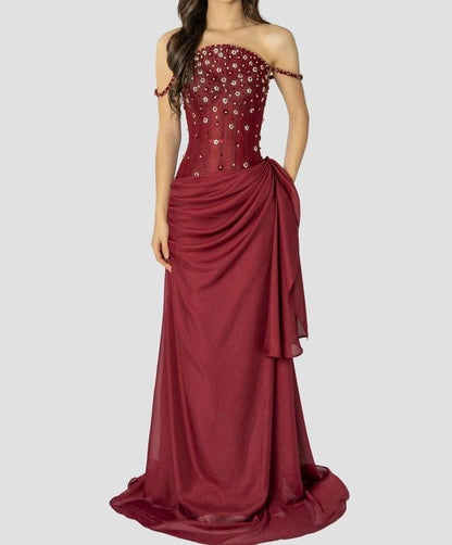 Robe de bal élégante sirène à fines bretelles, couleur bordeaux, en mousseline, idéale pour les adolescentes. Robe de soirée, modèle AB1122.