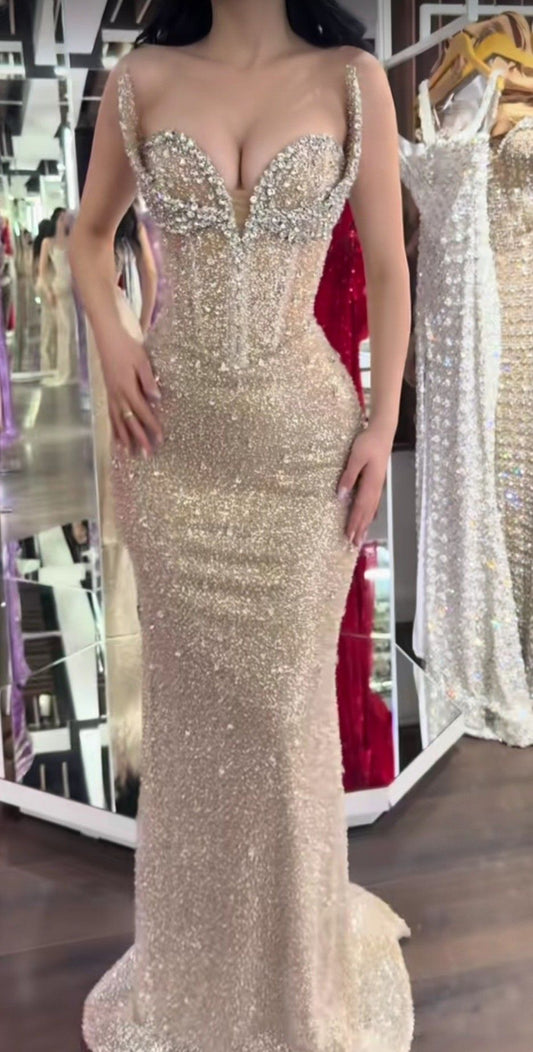 Glitter Bodycon Champagne Long Prom Dresses Mermaid Bodycon For Women N4109