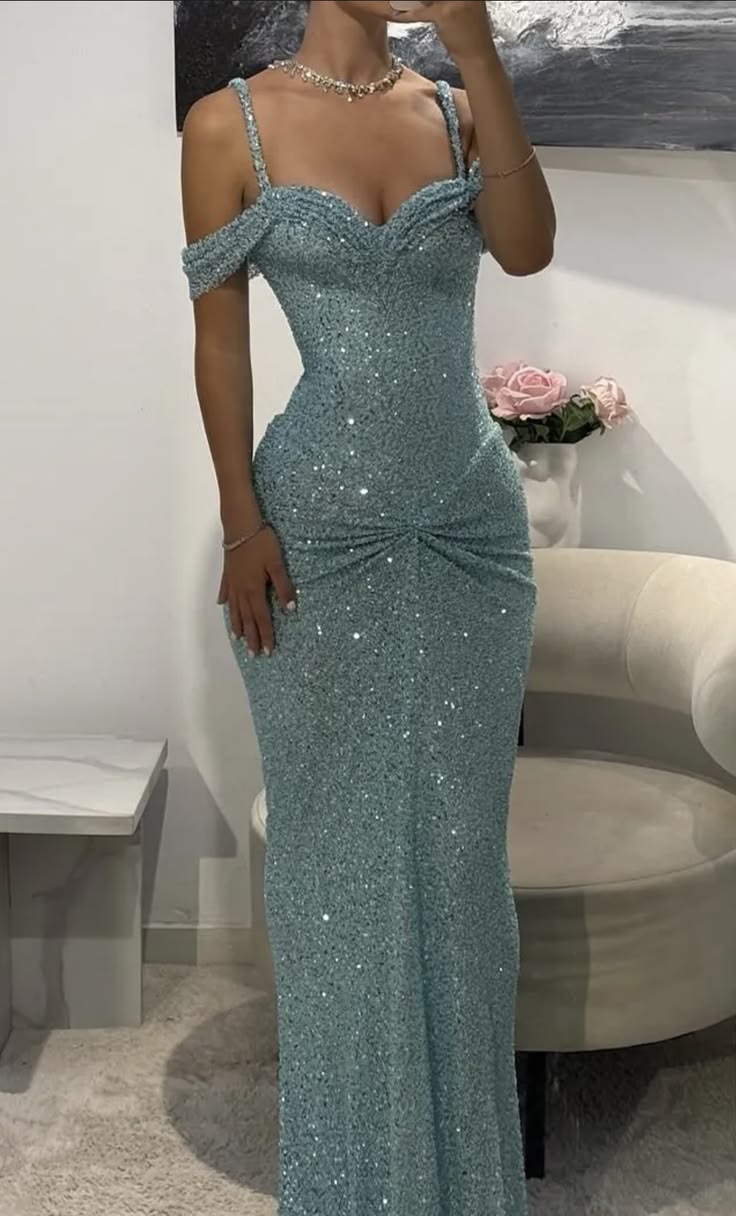 Robe de soirée longue sirène moulante bleue à bretelles pailletées pour femmes N4114