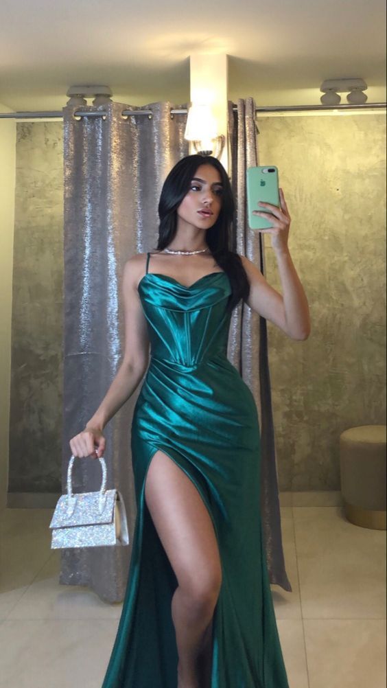 Simple Spaghetti Straps Slit Mermaid Satin Long Prom Dress With Side Slit N1862