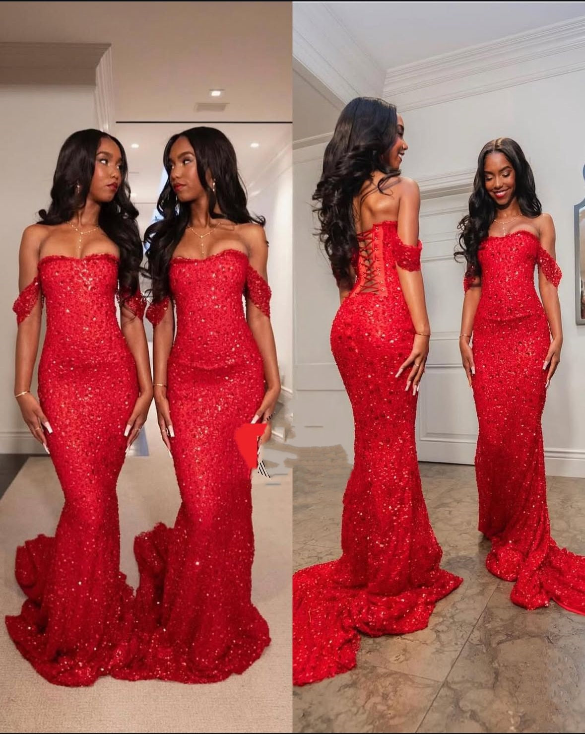 Gorgeous Mermaid Off The Shoulder Red Sequins Beaded Bodice Prom Dresses Long Formal Party Gown AB371