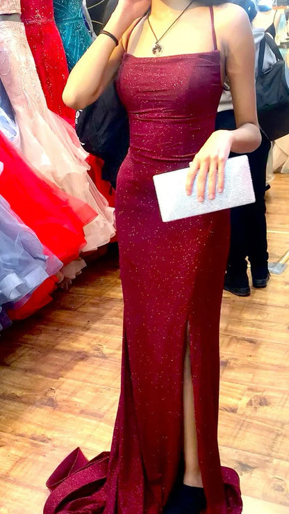Aesthetic Mermaid Spaghetti Strap Wine Burgundy Red Sequins Long Formal Dresses With Slit Evening Prom Dress AB675