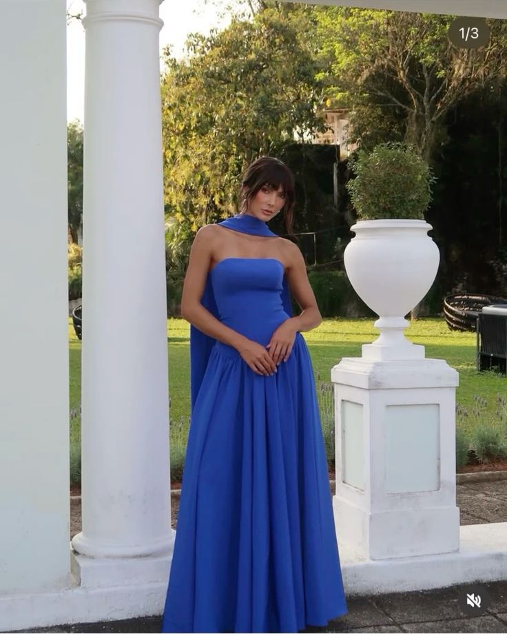 Gorgeous Sheath Strapless Sleeveless Royal Blue Chiffon Long Prom Dresses With Scarf AB192
