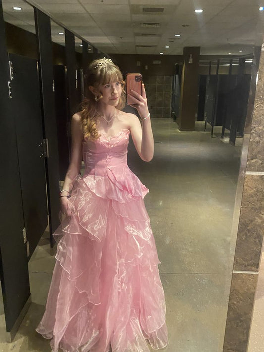 Robe de bal ravissante rose en organza sans manches, décolleté cœur, robe de soirée longue et élégante N1413