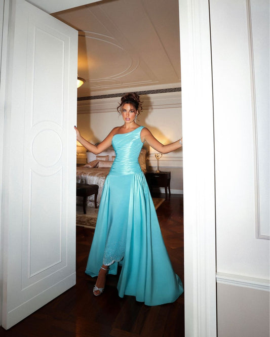 Classy Prom Dresses Inspiration Sheath One Shoulder Blue Satin Long Semi Formal Dance Grad Prom Dress For Teens High Schools AB1971
