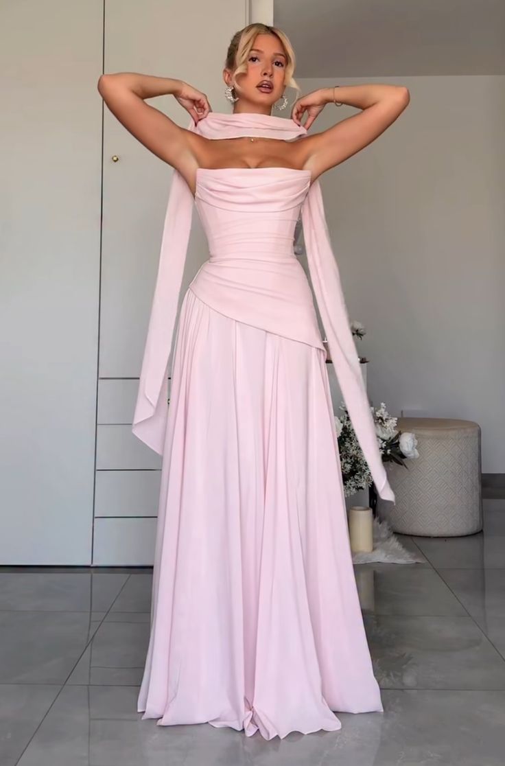 Robe de bal élégante de coupe trapèze avec foulard, en mousseline plissée, froncée, sans bretelles, rose, robe de soirée formelle AB409