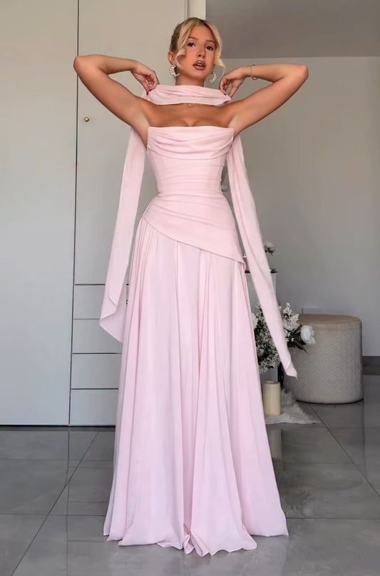 Elegant A line Prom Dresses With Scarf Chiffon Pleated Ruched Ruffle Strapless Pink Formal Evening Dress Party Gowns AB409