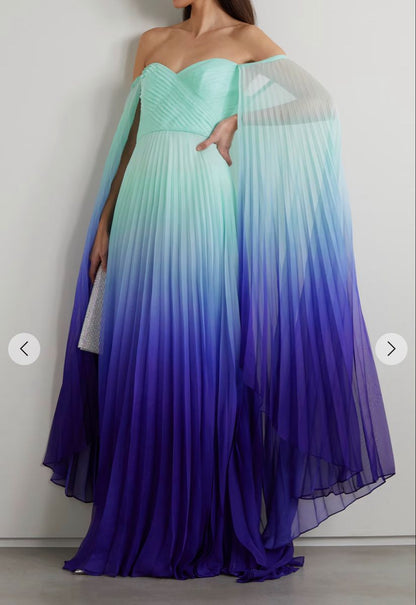 Robe de bal longue de soirée formelle, coupe trapèze, épaules dénudées, en mousseline multicolore ombrée verte et bleue, AB388