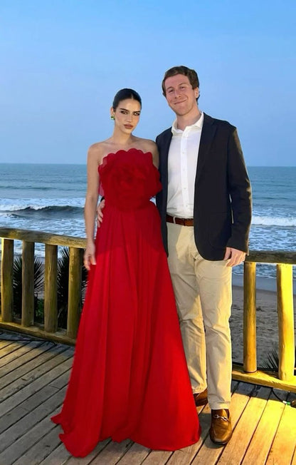 Sexy Ball Gown Strapless Red Chiffon Floral Long Prom Dress Formal Party Prom Dresses AB385