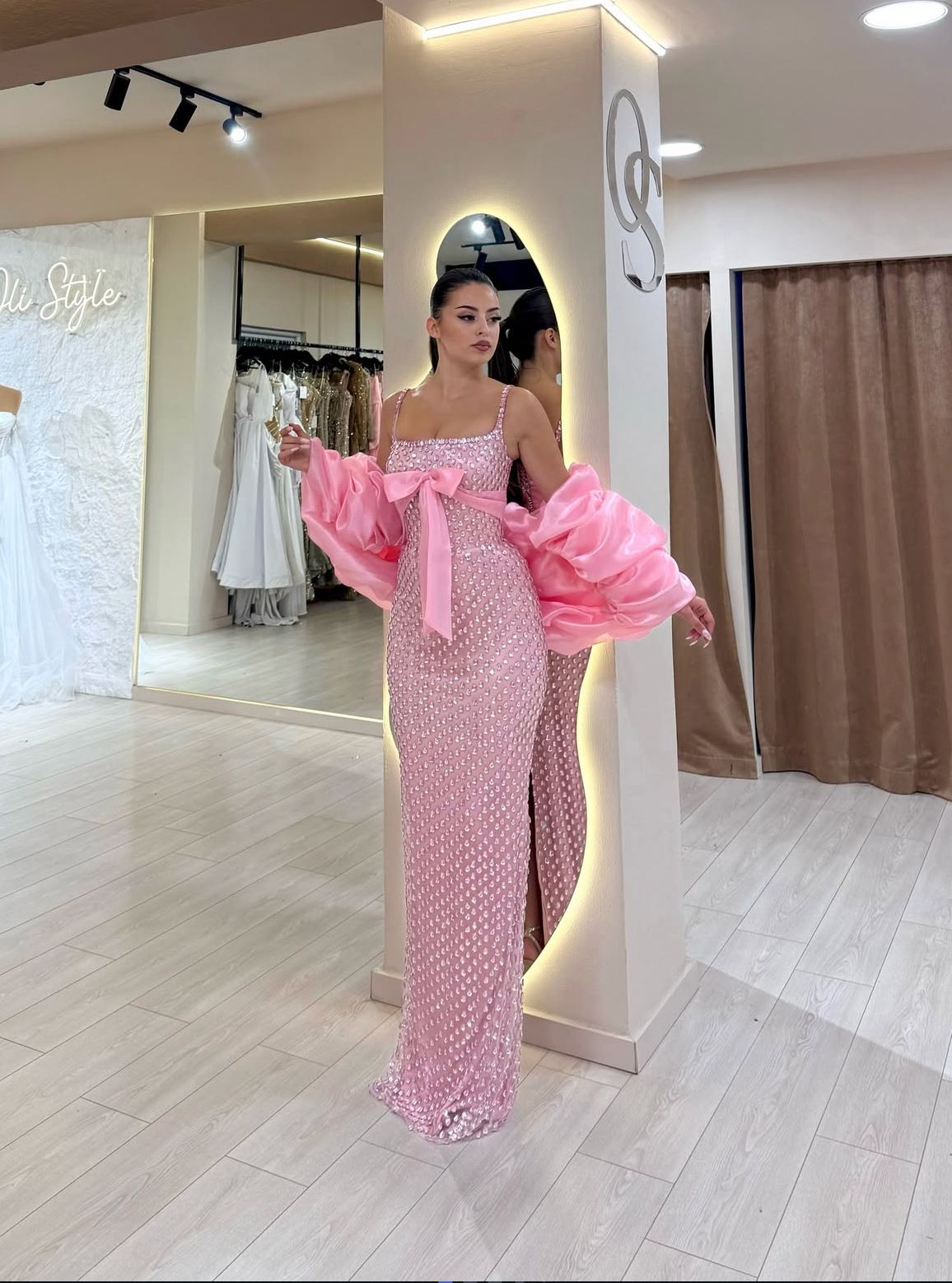 Modest Mermaid Spaghetti Strap Pink Sequin With Bow Evening Dresses Night Date Prom Dress Party Outfits AB2536